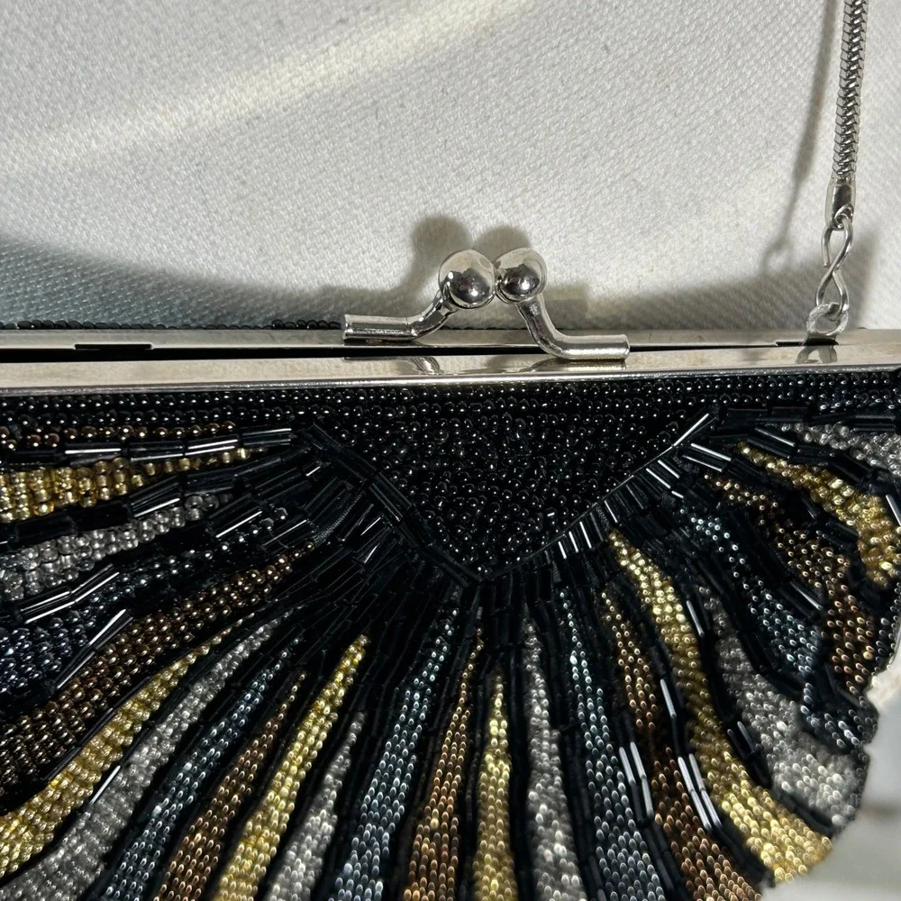 Rebecca‎ Malone Beaded Fan Evening Clutch Purse Silver Chain Flapper Art Deco